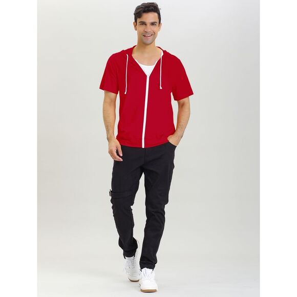Men's Hoodies Solid Color Zip Up Short Sleeve Jackets with Hood Red - Picture 2 of 6